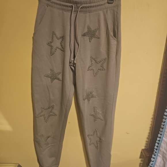 Pink Rose Pants - Pink Rose Junior Size Medium Sage Green Stars Jogger Comfy Sweatpants